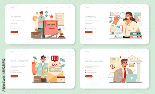 Tax inspector web banner or landing page set. Idea of accounting