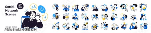 Social network illustrations. Collection of different scenes and situations. Trendy vector style