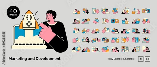 Marketing and development illustrations. Mega set. Collection of scenes with men and women taking part in business activities. Trendy vector style