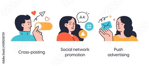 Online media promotion strategies - set of business concept illustrations. Cross-posting, social network promotion, push advertising. Visual stories collection.