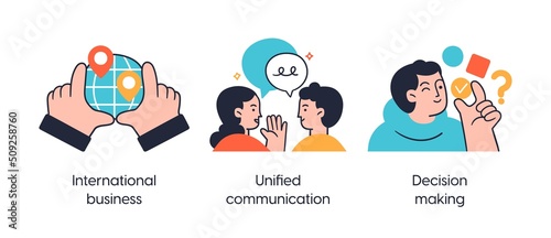 International business partnership and collaboration - set of business concept illustrations. International business, Unified communication, Decision making. Visual stories collection.