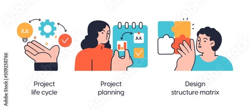 Project life cycle - set of business concept illustrations. Project life cycle, Project planning, Design structure matrix. Visual stories collection.