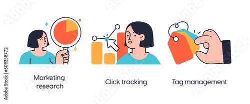 Targeting marketing strategy - set of business concept illustrations. Marketing research, Click Tracking, Tag Management. Visual stories collection