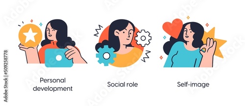 Self development - set of concept illustrations. Personal development, Social role, Self-image. Visual stories collection.