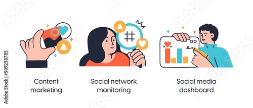 Online media promotion strategies - set of business concept illustrations. Content marketing, Social network monitoring, Social media dashboard. Visual stories collection.