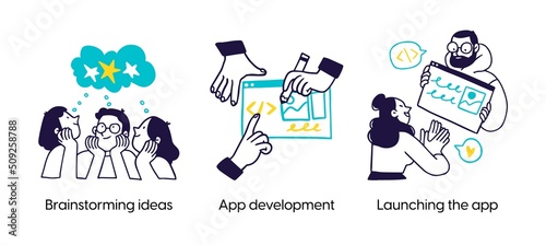 Phases of the Successful app development - set of business concept illustrations. Brainstorming ideas, App development, Launching the app. Visual stories collection