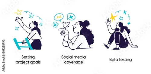 Launch of a new project - set of business concept illustrations. planning, analyzing marketing data and testing project. Visual stories collection