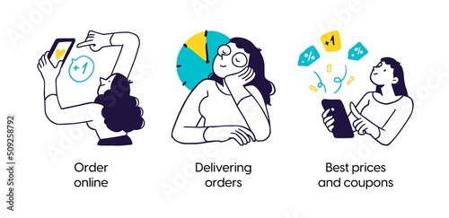 Online shopping and delivery - set of business concept illustrations. Order online, Delivering orders, Best prices and coupons. Visual stories collection.