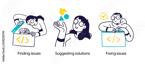 Fixing errors and bugs in software and quality control - set of business concept illustrations. Finding issues, Suggesting solutions, Fixing issues.Visual stories collection.