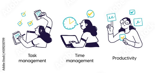 Productivity management tools- set of business concept illustrations. Task management, Time management, Productivity. Visual stories collection