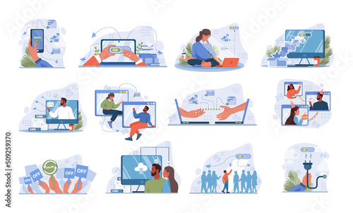 Online communication concept set. Characters with smart digital technologies.