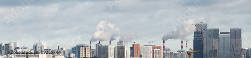 Cityscape smoking plant chimneys, urban landscape, large city skyline panorama