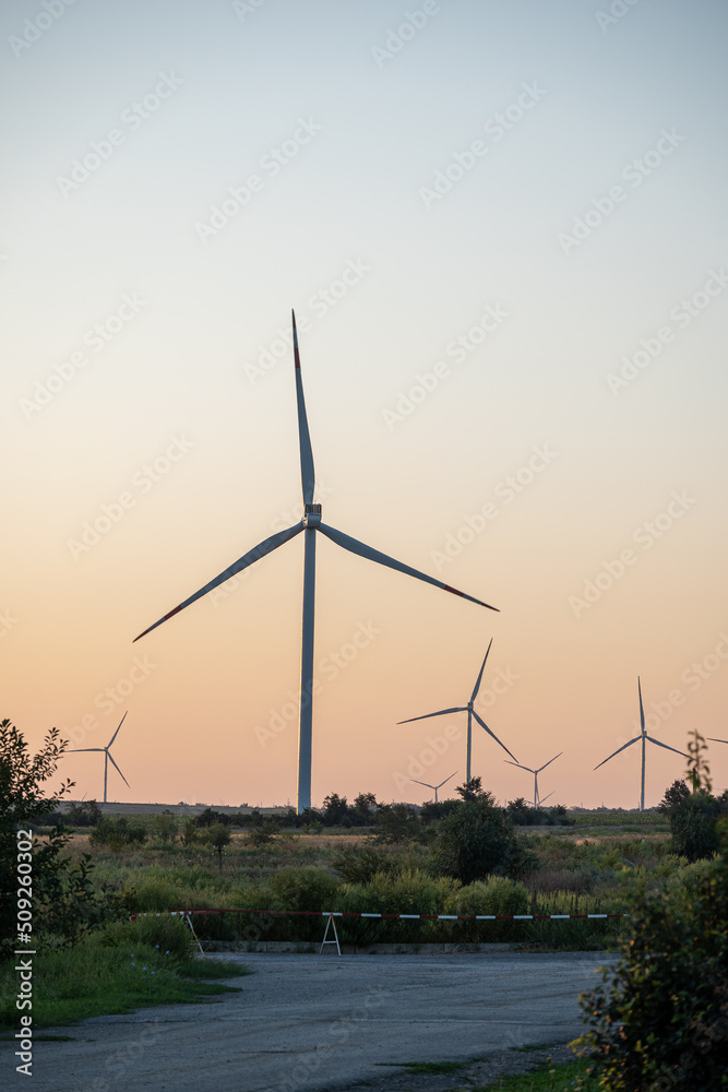 Windmills on red, blue background on large field. Road passing by windmills. Windmills on red, blue background on large field. Road passing by windmills.