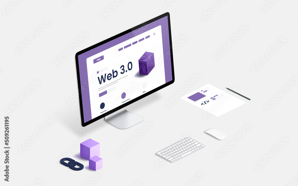 Desk with computer display and Web 3.0 presentation in isometric position concept. Code sketches beside and blocks with a chain Desk with computer display and Web 3.0 presentation in isometric position concept. Code sketches beside and blocks with a chain