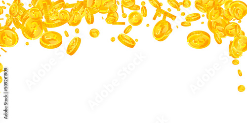 British pound coins falling. Impressive scattered GBP coins. United Kingdom money. Fabulous jackpot, wealth or success concept. Vector illustration.