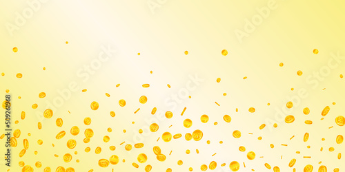 Korean won coins falling. Immaculate scattered WON coins. Korea money. Brilliant jackpot, wealth or success concept. Vector illustration.