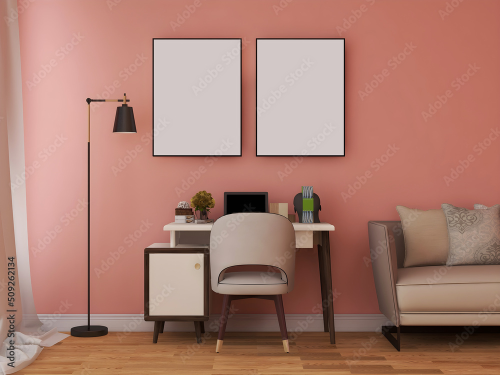 Obraz premium Desk room mockup with 2 blank frames, pink wall, floor lamp, desk, and sofa.3d rendering. 3d illustration