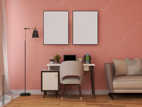 Desk room mockup with 2 blank frames, pink wall, floor lamp, desk, and sofa.3d rendering. 3d illustration