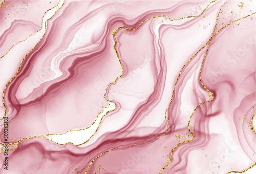 Blush pink watercolor fluid painting vector design card. Dusty rose and golden marble geode frame. Spring wedding invitation. Petal or veil texture. Dye splash style. Alcohol ink.Isolated and editable