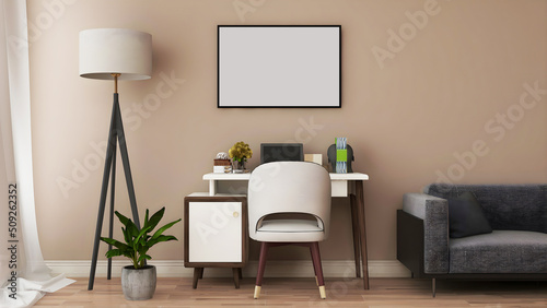 Desk room/ home office mockup with 1 blank frame, desk, floor lamp, sofa, and khaki wall. 3d rendering. 3d illustration © ArtantiAyu