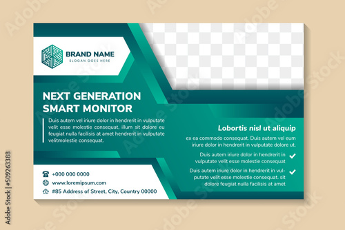next generation smart monitor flyer design template use horizontal layout. green blue gradient background combined with white geometric elements. Space of photo collage and text.