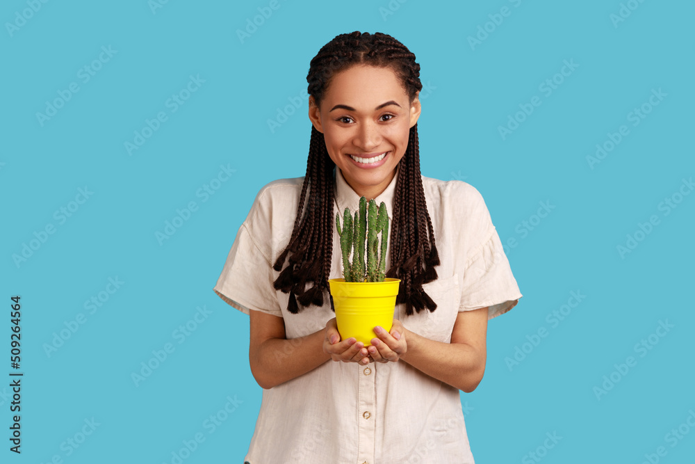 Portrait of good looking woman with black dreadlocks carrying potted cactus to her home garden, smiles pleased, wearing white shirt. Indoor studio shot isolated on blue background. Portrait of good looking woman with black dreadlocks carrying potted cactus to her home garden, smiles pleased, wearing white shirt. Indoor studio shot isolated on blue background.