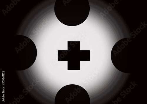 Black background with gray white gradient circle and plus symbol in the middle
