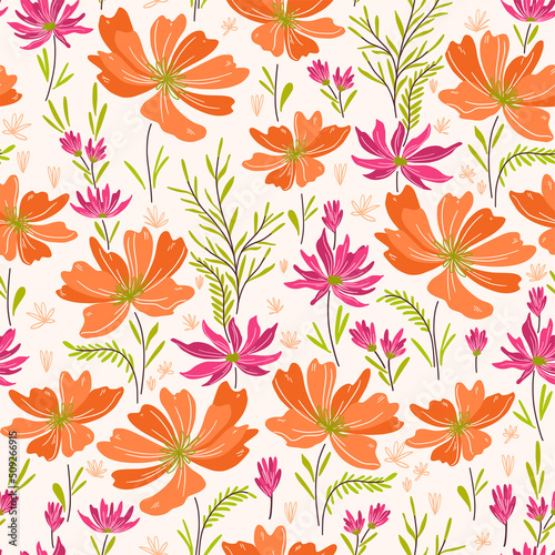 Bright Orange Flowers and leaves Pattern photo