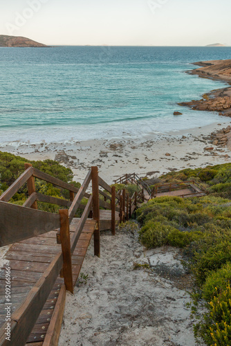 Stairway going to white sand blue crystal water beach - West beach  Esperance WA  Australia