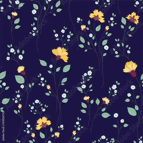 Yellow Flowers and leaves Ditsy Pattern photo