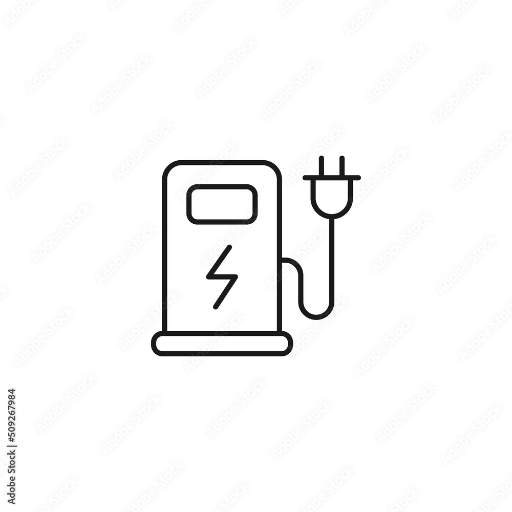 Ecology, nature, eco-friendly concept. Outline symbol drawn with black thin line. Suitable for adverts, packages, stores, web sites. Vector line icon of station for charging of electric car Ecology, nature, eco-friendly concept. Outline symbol drawn with black thin line. Suitable for adverts, packages, stores, web sites. Vector line icon of station for charging of electric car