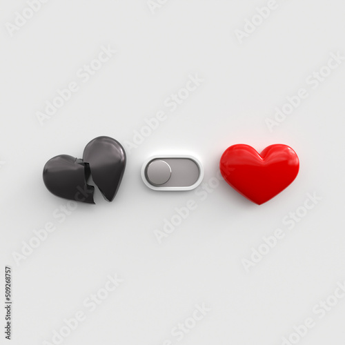 Deactivated love toggle switch. Switcher between a scarlet red heart and a broken black heart as a broken love relationship concept. Modern mode switch. 3D rendering