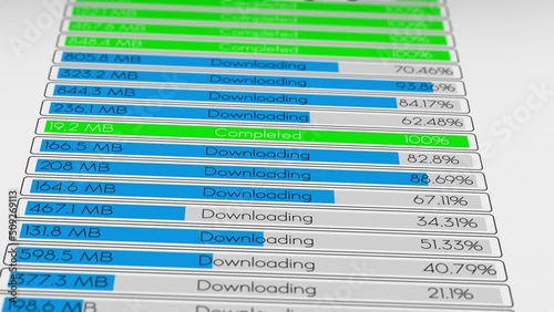 Internet download screen of multiple progress bar go from waiting to complete on a closeup computer  monitor