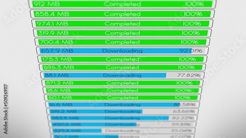 Multiple progress bar downloads from the Internet as we scroll down on a closeup computer screen monitor