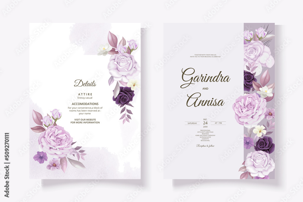  Beautiful purple  floral frame wedding invitation card template Premium Vector