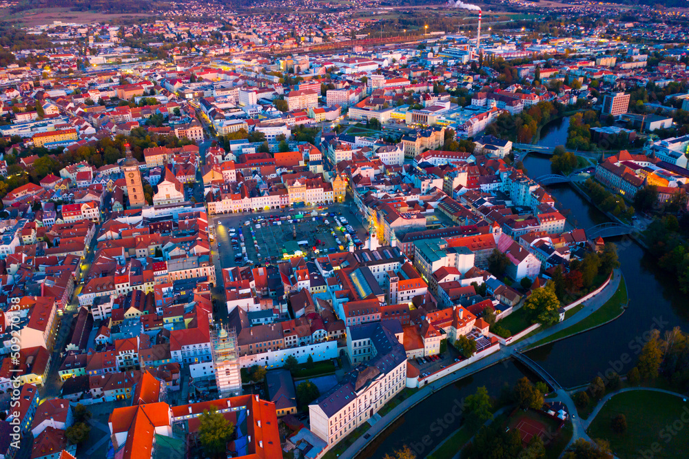 Night aerial view of historic centre of Ceske Budejovice. Czech Republic