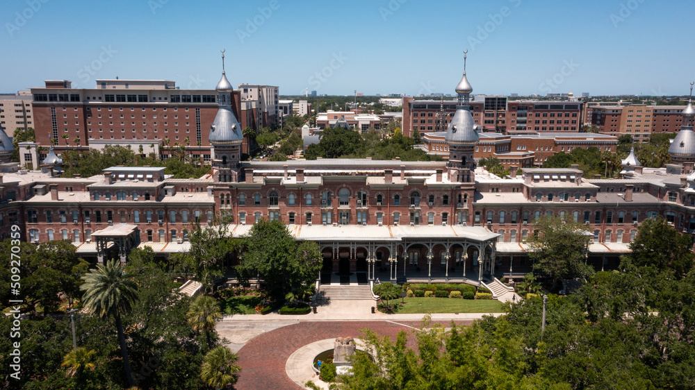 Drone view over Plant Hall at the University of Tampa. Drone view over Plant Hall at the University of Tampa.