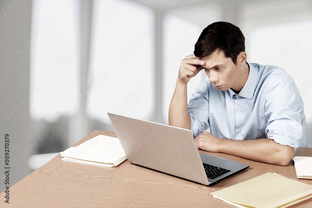 Happy mature businessman, company executive, CEO head sitting at work desk, laptop computer, Happy mature businessman, company executive, CEO head sitting at work desk, laptop computer,