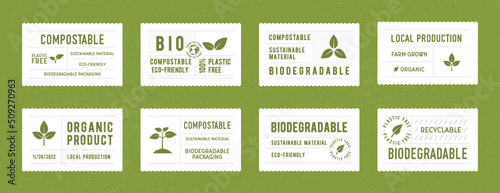 Biodegradable, compostable tags set. 
Eco, Bio stickers design for packaging. . Trendy vintage labels for organic products, restaurants, food stores and packaging design. Vector illustration photo