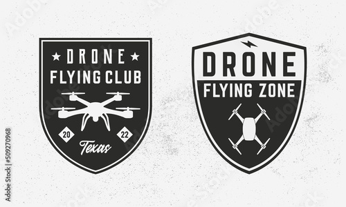 Set of Drone badges. Drone Flying zone. Vintage trendy badges with vintage drone icons. Vector emblem templates.