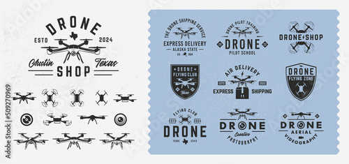 Vector vintage Drone, UAV logo set. Set of 10 Drone logo templates and 12 design elements for logo design. Pilot School, Flying Zone, Drone shop, delivery emblems. Trendy vintage hipster design.