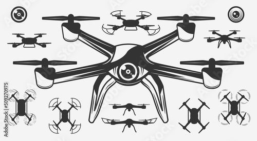 Set of Drone's silhouettes and icons. Vintage drone design. 10 drones and 2 lens icons isolated on white background. Vector illustration