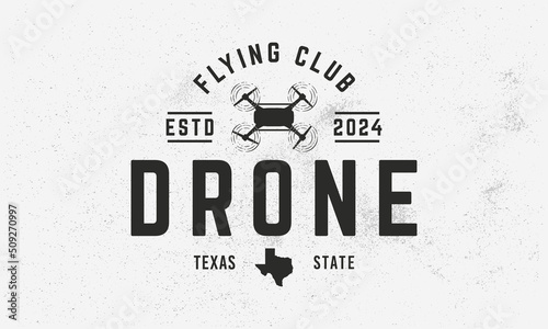 Drone, UAV videography logo, poster. Drone trendy logo with drone and video camera icons. Vector emblem template.