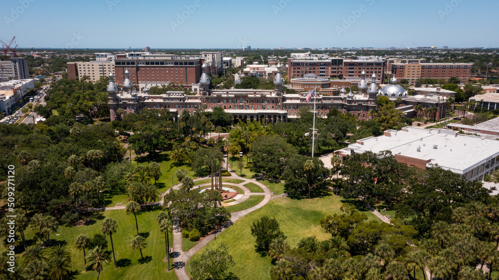 Drone view over the luscious greenery at Plant Park on the University of Tampa campus in Florida.