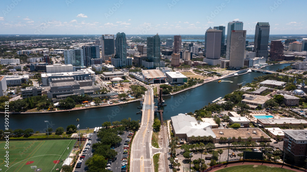 A high-altitude shot of downtown Tampa's skyline from the west side of town.