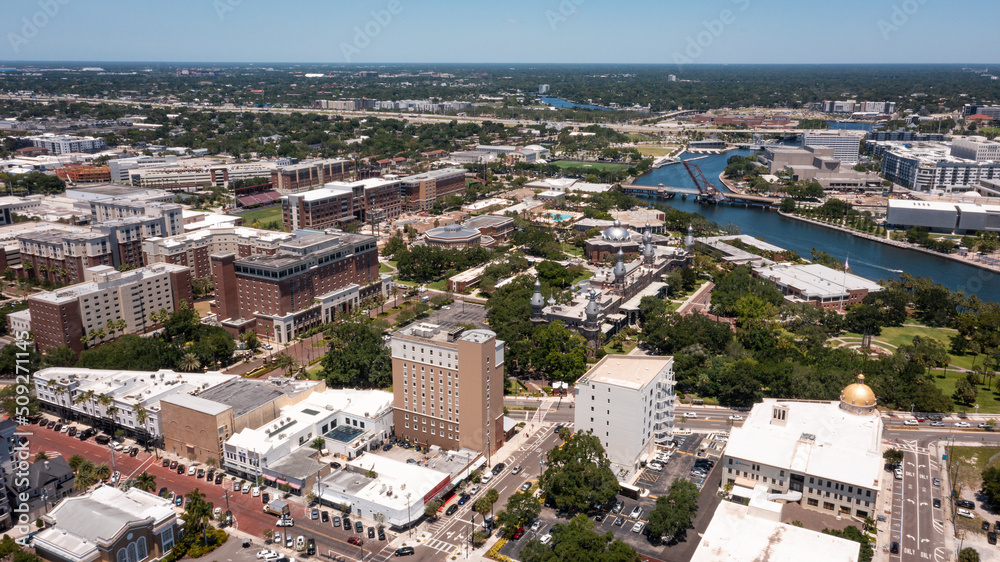 High-altitude aerial view over the scenic University of Tampa in Florida.