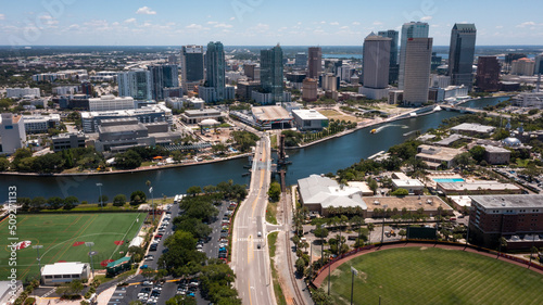 A cityscape aerial view of the highrises on the Hillsborough River in downtown Tampa  FL.