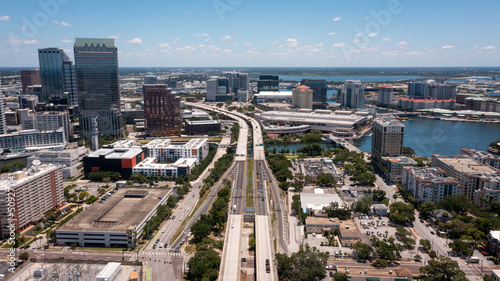 A centered aerial view from over the Selmon Expressway leads you right through downtown Tampa  FL.