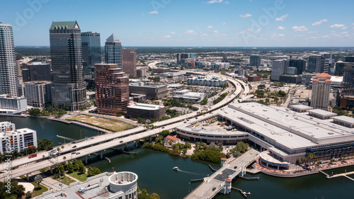 An aerial view from over Davis Island shows the Selmon Expressway running next to the iconic Tampa convention center in downtown Tampa, FL.