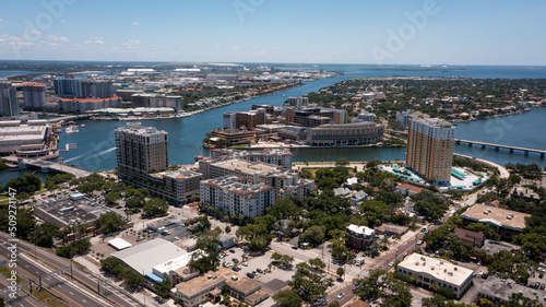 Aerial drone view out into Harbor and Davis Island from over the Selmon Expressway in downtown Tampa, FL.